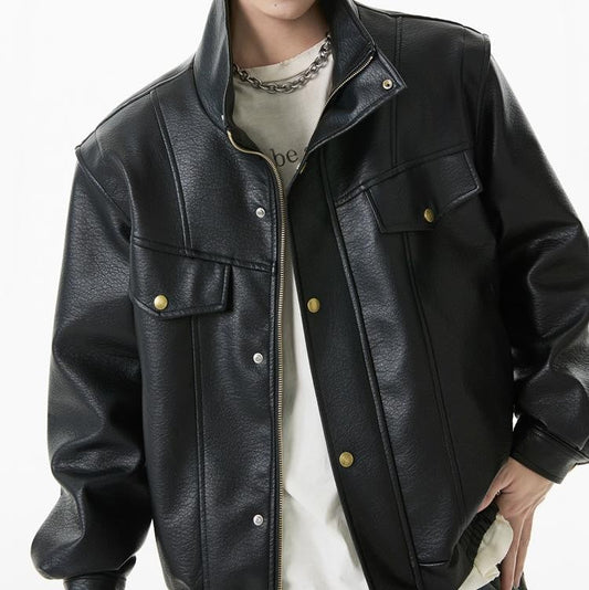 Loose Fit Cargo Leather Jacket